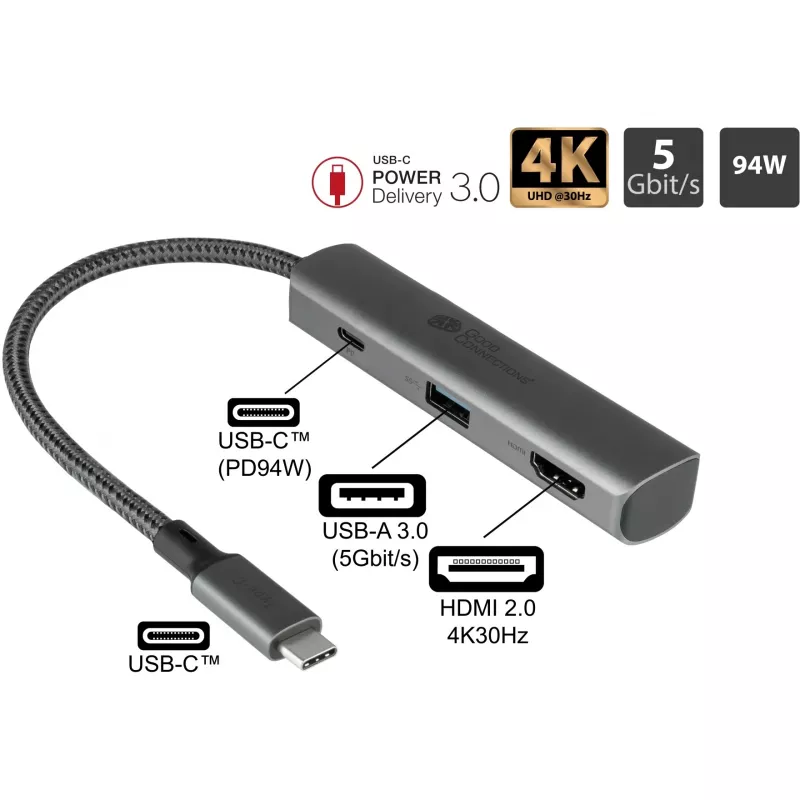 USB Type-C centrmezgls Alcasa HUB-C002A 5000 Mbit/s HDMI USB 3.0
