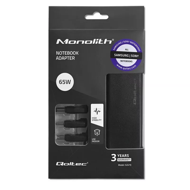 Qoltec 52415 barošanas adapteris, paredzēts Samsung Sony 65 W | 3 spraudņi | + strāvas kabelis