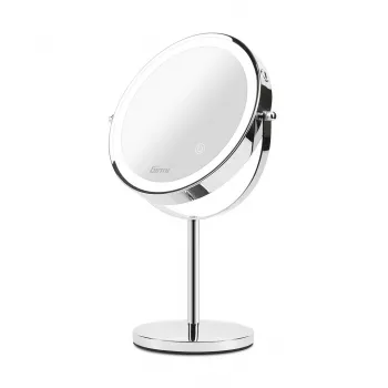 Brīvi stāvošs grima spogulis Girmi BE02 — apaļš nerūsējošā tērauda, LED skārienvadība, 1x/3x palielinājums, USB-C uzlādējams (1000 mAh)