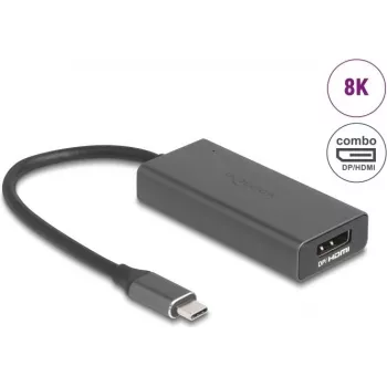DELOCK 64316 video kabeļa adapteris USB Type-C uz HDMI + DisplayPort, 0,15 m, alumīnijs, pelēks