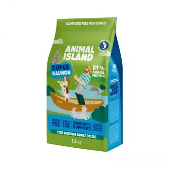 Sausā suņu barība Animal Island Adult Medium Salmon 12 kg — pilnvērtīgs graudiņu barības maisījums vidējo šķirņu suņiem, 32% olbaltumvielu, 16% tauku, bez graudiem