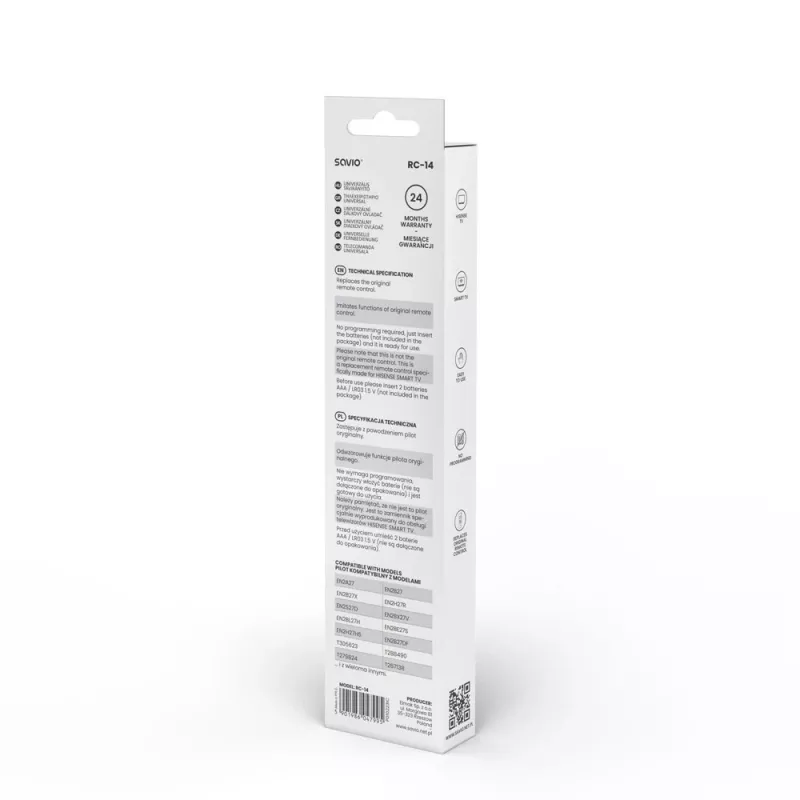 Universāla tālvadības pults SAVIO RC-14 Hisense Smart TV, IR bezvadu, atbalsta 14 ierīces, diapazons līdz 10 m, melna
