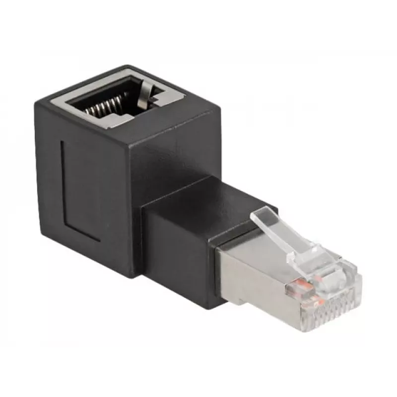 DeLOCK RJ45 spraudnis uz RJ45 ligzdu adapteris Cat.6A 90° uz augšu leņķis Melns