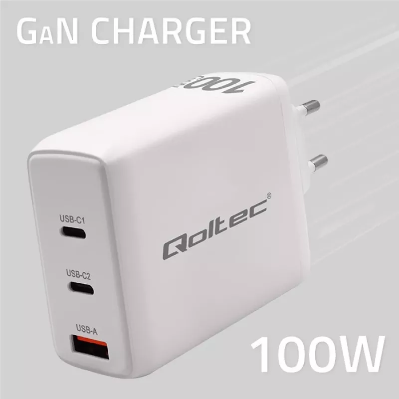 Lādētājs QOLTEC 100W GaN USB-C Dual PD 5–20V 1.5–5A, 2×USB-C