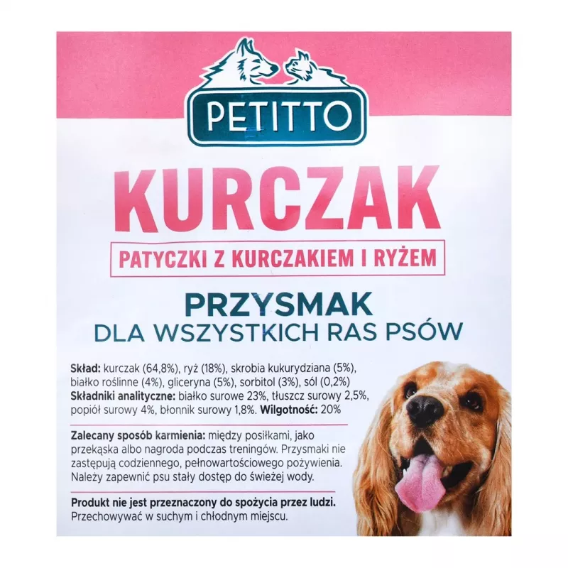 Suņu kārums PETITTO Sticks ar vistu un rīsiem 500 g — diētisks papildkārums, olbaltumvielas 23%, tauki 2,5%