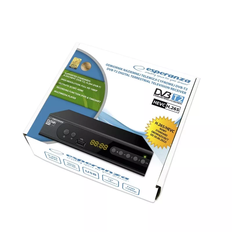 TV uztvērēja pierīce ESPERANZA EV106R kabeļu uztvērējs DVB-T2 / DVB-C HEVC H.265, HDMI, USB, PVR, Dolby Digital, 174–790 MHz, melna