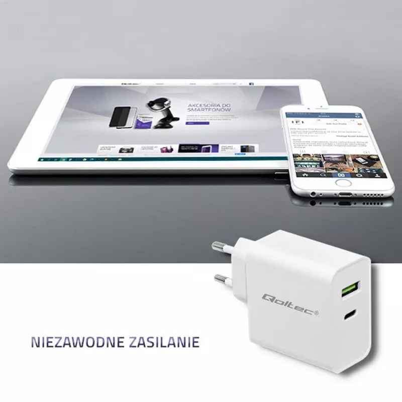 Qoltec 51718 Lādētājs | 45W | 5-20V | 2,4-3A | USB Type-C PD | USB | Balts