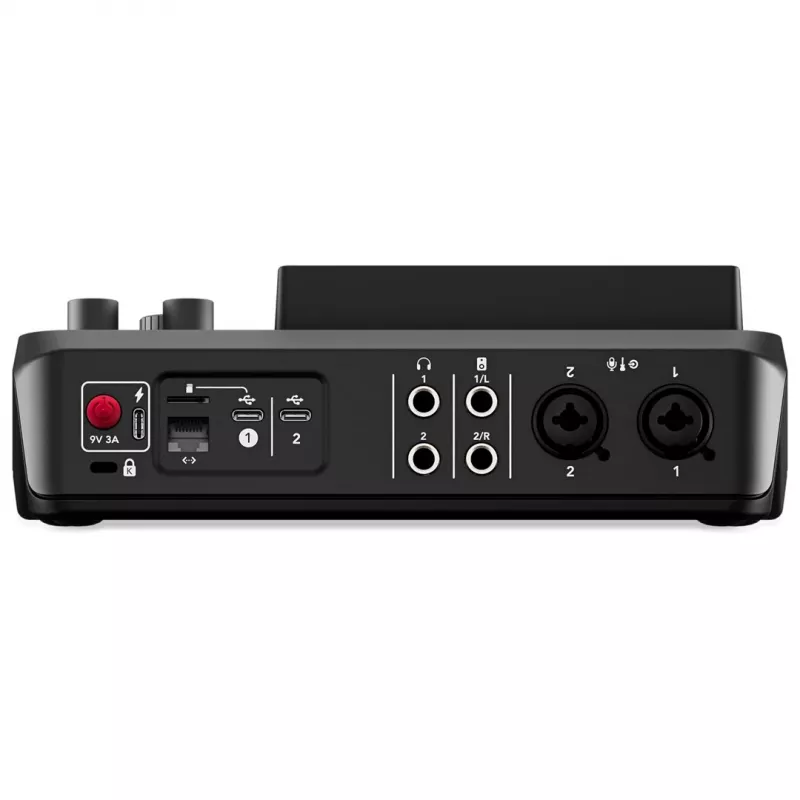 Studijas kontrolieris RØDE Caster Duo Melns — 2 kombi XLR/TRS, 2 TRS līnijas izejas, 48 kHz, 24 bitu, skārienjutīgais ekrāns, Wi‑Fi, Bluetooth