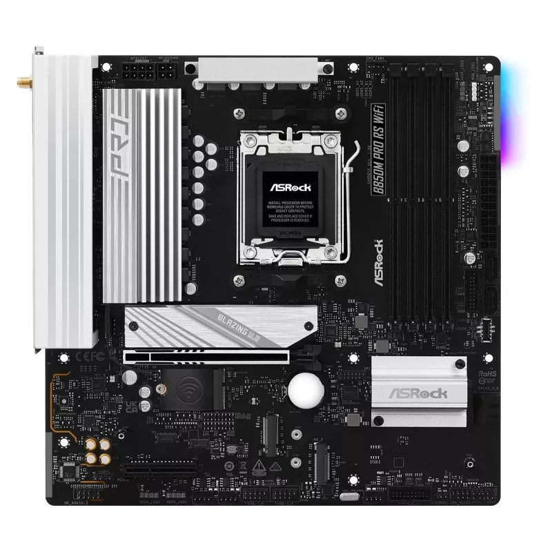 ASRock B850M Pro RS WiFi mātesplate — AMD B850, Socket AM5, microATX, DDR5, 4 DIMM, 256GB, Wi‑Fi 6E, 2.5Gb LAN, 3x M.2