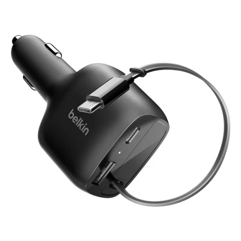 Belkin 75 W 2 portu ar izvelkamo USB-C kabeli automašīnas lādētājs — Kabelis (CCC001HQBK)