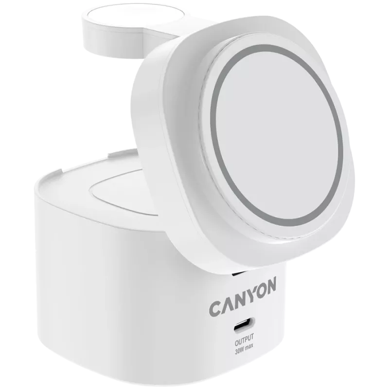 Canyon 4 in 1 bezvadu uzlādes statīvs, 30W maks., izmērs: 70x70x70,3 mm, svars: 414 g, ar 65W lādētāju un 1M kabeli, balts