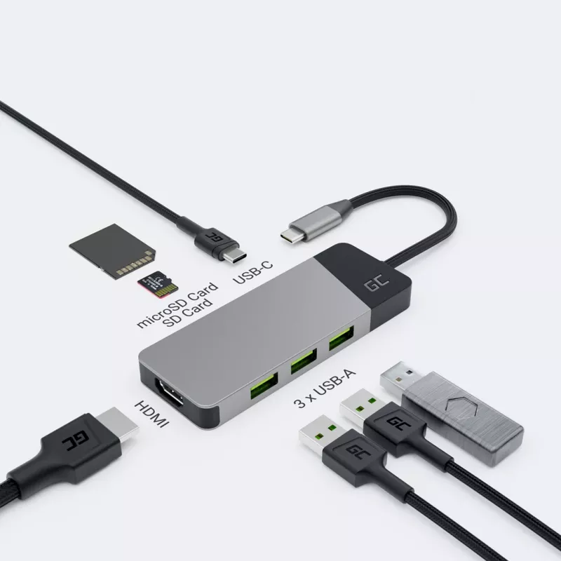 USB Type‑C centrmezgls zaļa Cell HUBGC01 — 7 pieslēgvietas: 3×USB‑A 3.2 Gen 1, 1×USB‑C 3.2 Gen 1, HDMI, microSD+SD karšu lasītājs — sudrabains