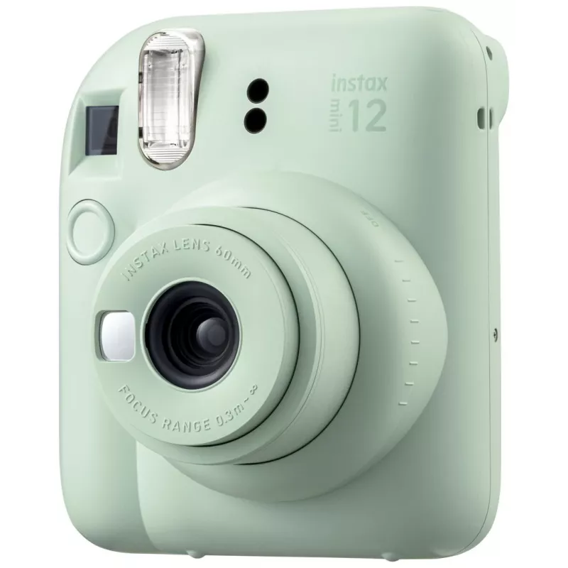 Momentšāvuma kamera Fujifilm Instax Mini 12 Zaļa — attēls 86x54 mm, filmiņa 62x46 mm, 60 mm ekv. fokusa attālums