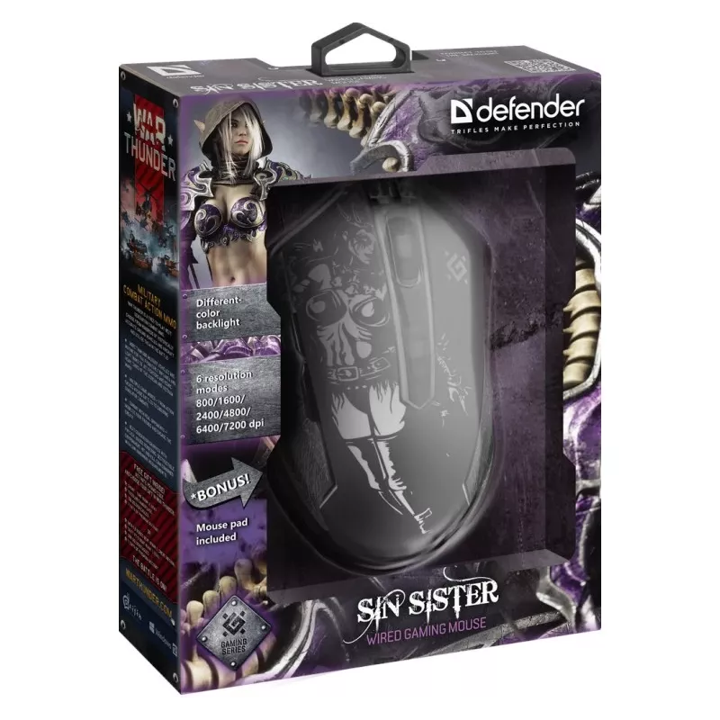 Spēļu, optiskā, vadu pele DEFENDER GM-933 SIN'SISTER 7200dpi 6P RGB