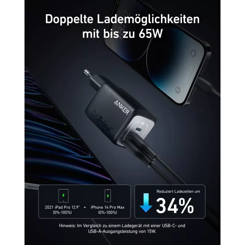 Iekštelpu USB ātrās uzlādes lādētājs Anker Prime A2669313 — 67 W, 1×USB-A, 2×USB-C, melns