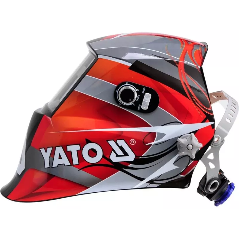 Metināšanas ķivere YATO YT-73921 ar automātiski tumšojošu filtru, tonis 9–13, PC apvalks, skata laukums 4,3×9,8 cm, baterija 3 V