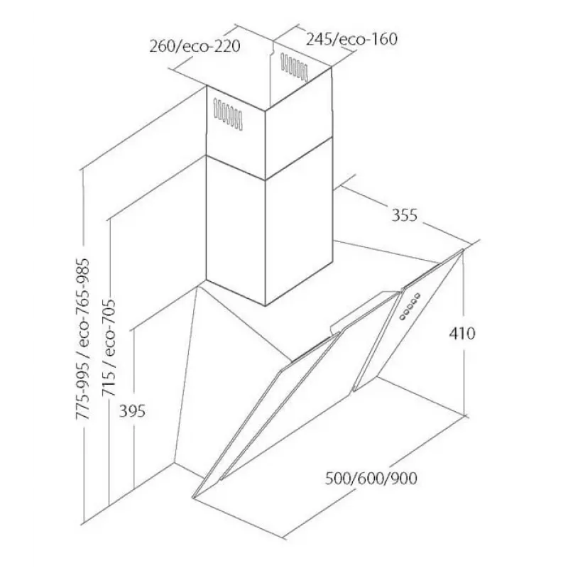 Pie sienas stiprināms tvaika nosūcējs AKPO WK-4 Cetias Eco, gaisa novade/recirkulācija, 500 mm, maks. 434 m³/h, motors 102 W