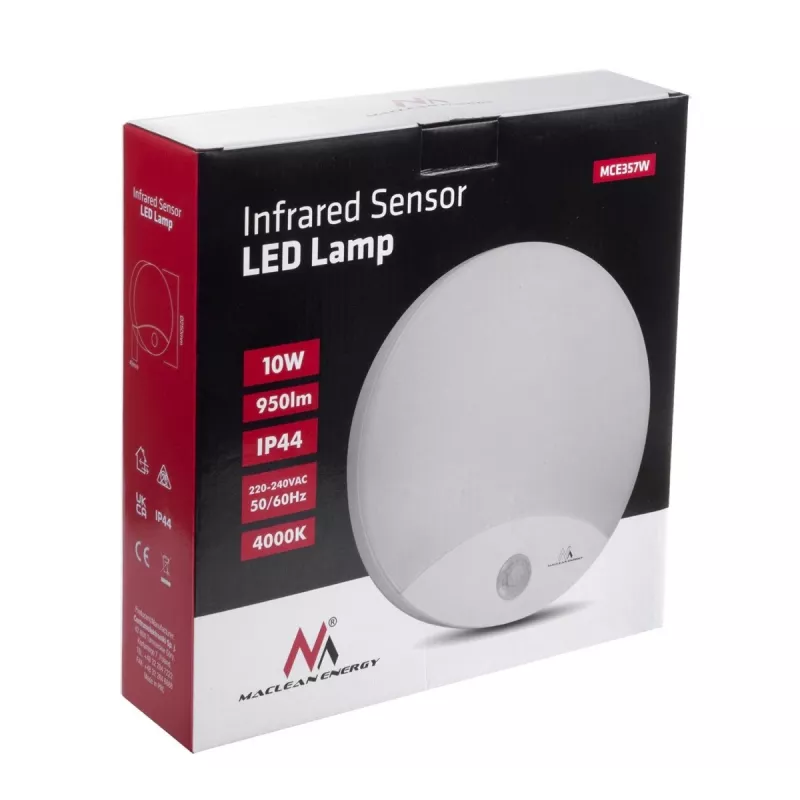 LED sienas lampa MACLEAN MCE357W ar IR kustības sensoru, balta, ārā/iekštelpās