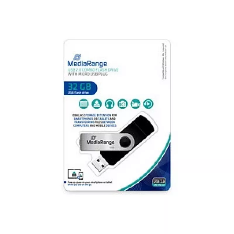 MediaRange MR932 - USB zibatmiņas disks - 32 GB - USB2.0 / micro USB - melns/sudrabains (MR932-2)