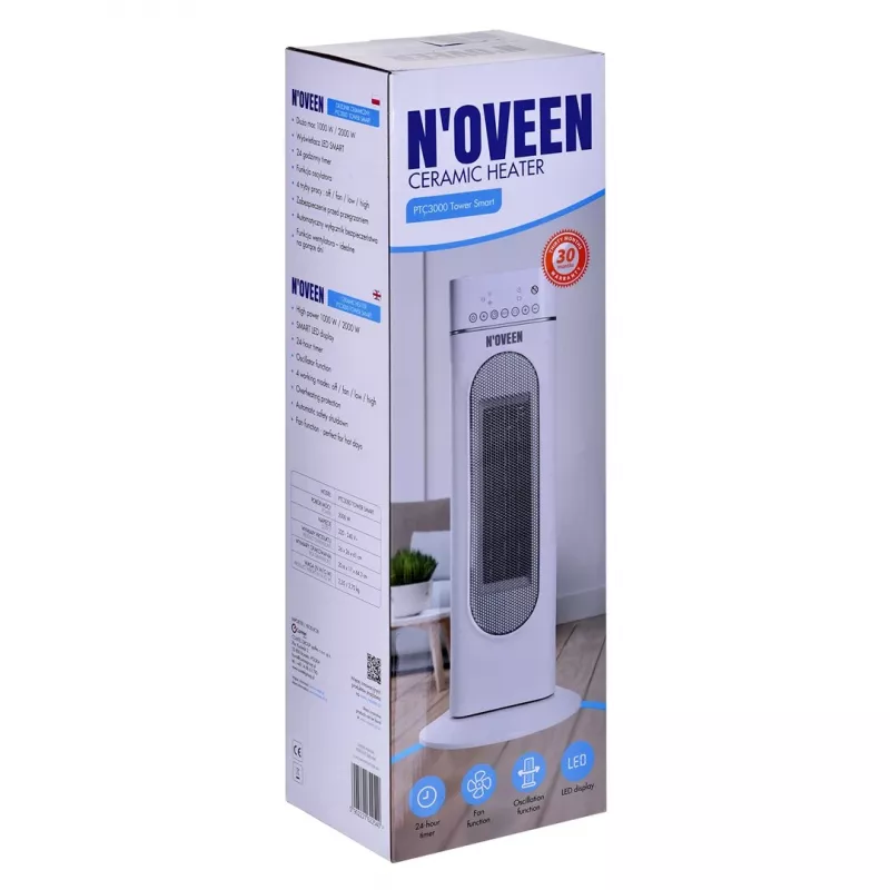 Elektriskais keramiskais sildītājs NOVEEN PTC3000, 2000 W (1200 W min), LED displejs, taimeris, tālvadība, svārstības, balts
