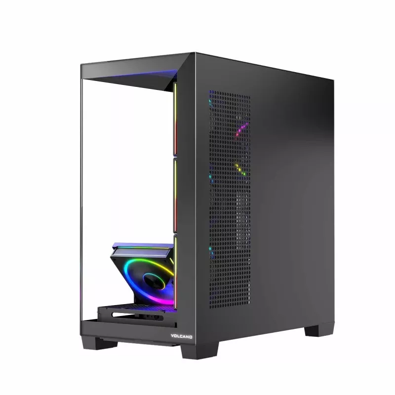 PC korpuss MODECOM Volcano Stellar 5F ATX Midi Tower, rūdīts stikls, 5 iepriekš uzstādīti ventilatori, USB‑C, atbalsta microATX/ATX, maks. GPU 420 mm, CPU dzesētāja augstums 175 mm