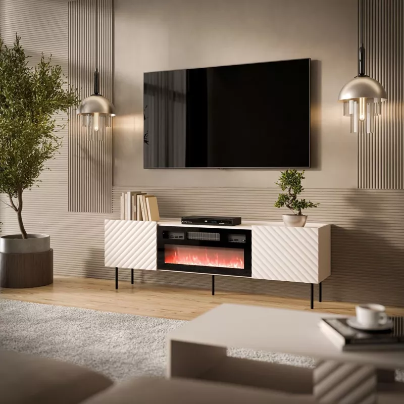 TV skapis cama meble LUCCA 180x40x59 cm, kašmira krāsas virsma, melns kamīns