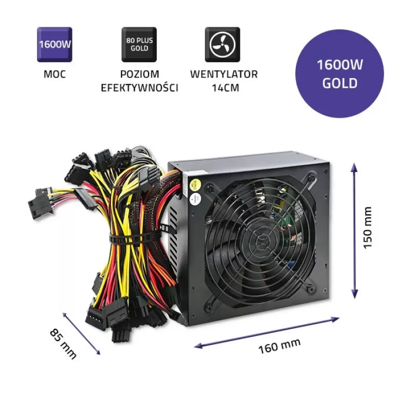 Barošanas bloks QOLTEC Gaming Miner 1600W Gold, 1600 W, ATX, zelta efektivitāte