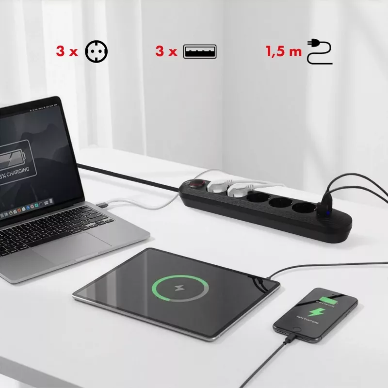 Strāvas sadalītājs MACLEAN MCE395 B — 5 ligzdas, 3×USB, 110–240 V maiņstrāva, 2,1 A USB, 2500 W, 1,5 m kabelis, melns