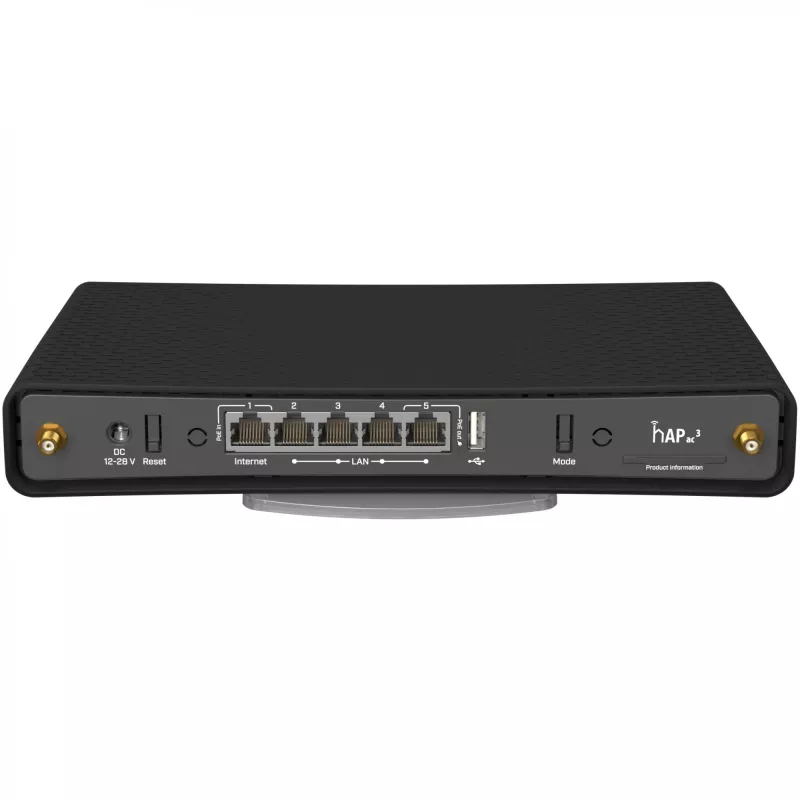Galda maršrutētājs MikroTik hAP ac³ Divjoslu Wi‑Fi 5, Qualcomm IPQ4019 719 MHz, 5x Gigabit RJ‑45, 1x USB, PoE, 2 ārējās antenas, melns
