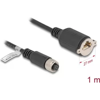 Tīkla kabelis DeLOCK M12 kabelis A-kodēts 8 kontaktu sievišķais uz RJ45 ligzdu Cat.5e FTP 1 m melns