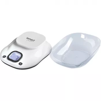 Virtuves svari LAMART LT7073 — pieskāriena vadība, liels LCD, noņemama bļoda, mērvienību izvēle (g/ml/lb:oz), AAA baterija