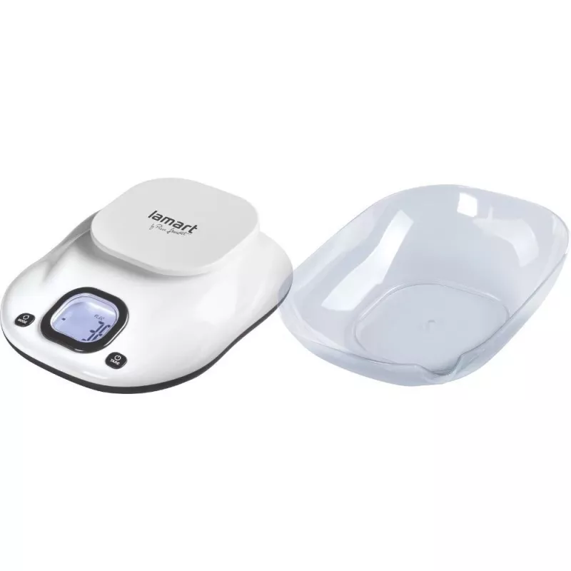 Virtuves svari LAMART LT7073 — pieskāriena vadība, liels LCD, noņemama bļoda, mērvienību izvēle (g/ml/lb:oz), AAA baterija