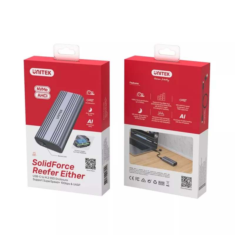 SSD korpuss Unitek SolidForce Reefer pelēks — M.2 NVMe PCIe, USB‑C 10 Gbit/s, alumīnijs, 1 disks