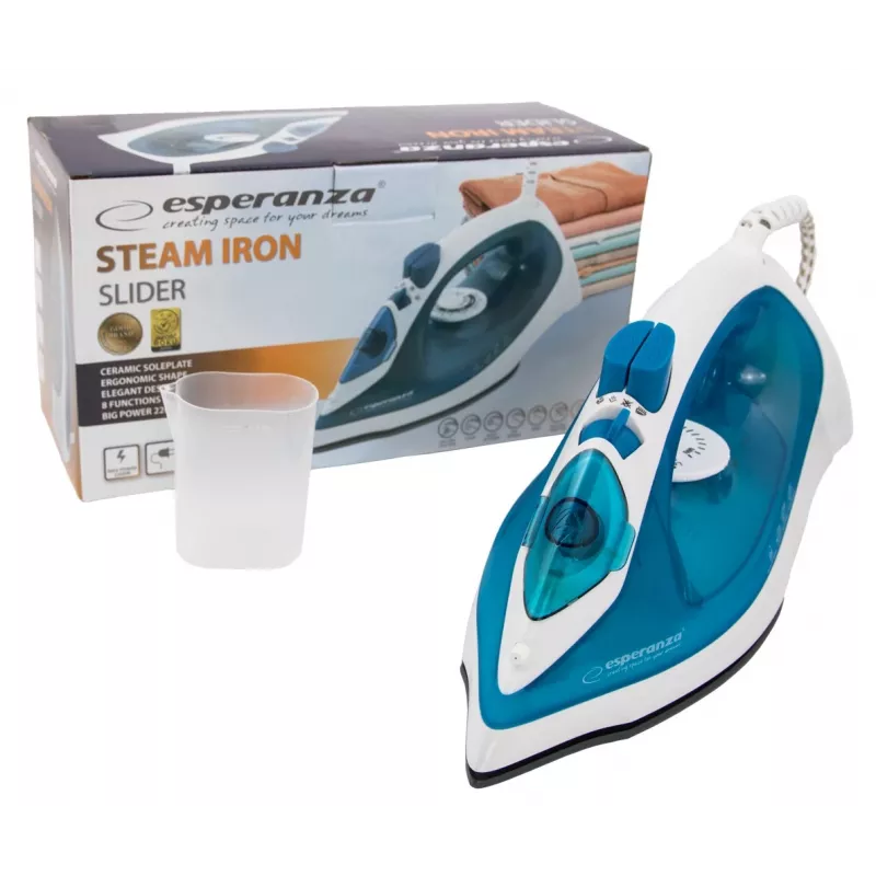 Tvaika gludeklis ESPERANZA EHI002 — 2200 W, keramikas zole, vertikālais tvaiks, 0,815 kg, balta/zila