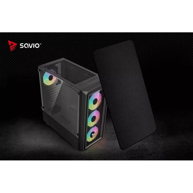 PC kuba korpuss SAVIO Noctis Glass RGB — Melns, ATX/Micro-ATX, 210×410×450 mm, 3×120 mm priekšējie ventilatori