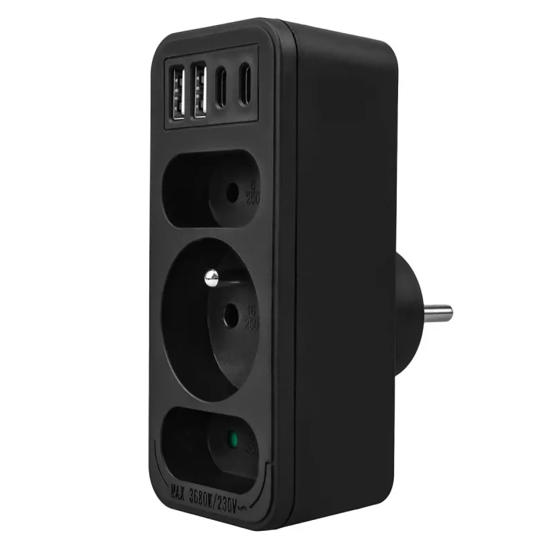 Strāvas sadalītājs MACLEAN MCE248 F/B — 3 maiņstrāvas rozetes (1x16A, 2x6A) un 4 USB porti (2xUSB‑A, 2xUSB‑C PD 20W), ES spraudnis, melns