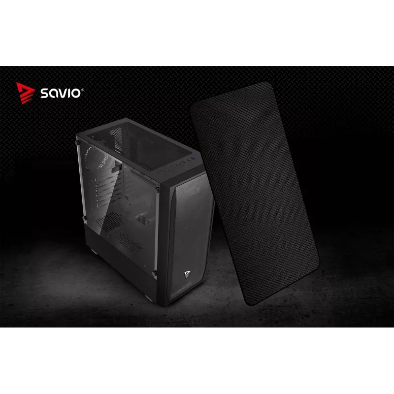 PC korpuss SAVIO Noctis Flow — Cube Mini‑ITX/Micro‑ATX/ATX, 3x120mm priekšā, 1x120mm aizmugurē, 2x3.5 collu + 3x2.5 collu sloti, rūdīts stikls