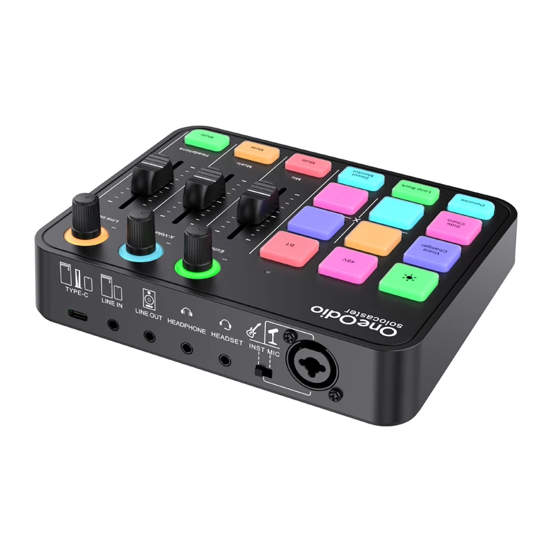 Audio mikseris un USB skaņas karte OneOdio Solocaster — kompakta galddatora saskarne straumēšanai un ierakstīšanai