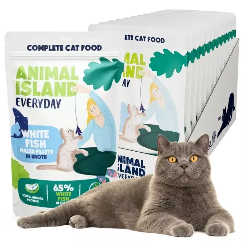 ANIMAL ISLAND Everyday Baltās zivs filejas buljonā - mitrā kaķu barība - 12 x 85g