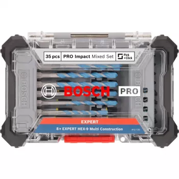 Triecienurbjmašīnas un uzgaļu komplekts Bosch PRO 35-daļīgs 2608522518 — dažādi urbji un skrūvēšanas uzgaļi metālam, kokam, mūrim
