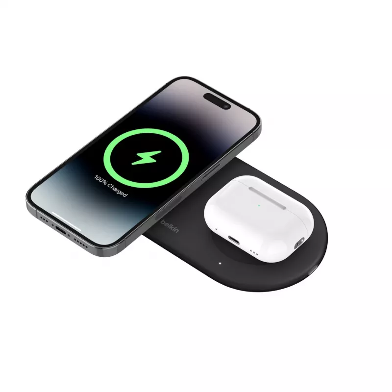 Belkin WIZ021VFBK - 2-in-1 bezvadu uzlādes paliktnis ar Qi2 tehnoloģiju 15 W, melns