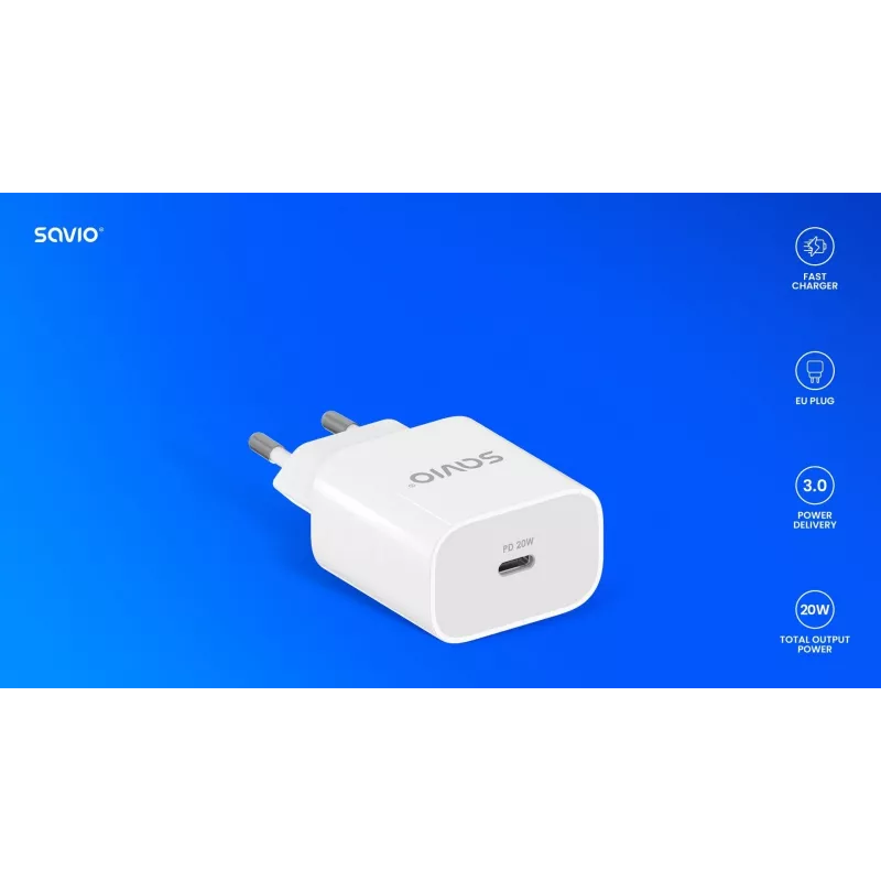 Sienas lādētājs 20W LA-09 USB-C QC, PD 3.0 Savio SAVLA-09