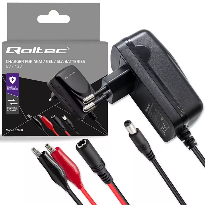 Akumulatora lādētājs QOLTEC modelis 52660 — 6V/12V, 6W lādēšanas bloks