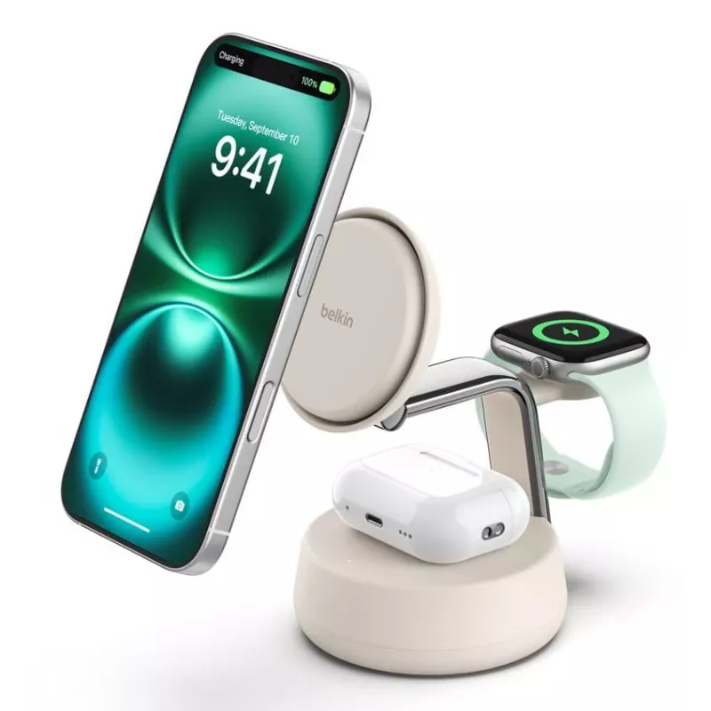 Bezvadu USB lādētājs Belkin Qi2 WIZ040KQSD — 25W, USB barošana, 1,5 m kabelis, balts, viedtālrunim viedpulkstenim austiņām fitnesa izsekotājam