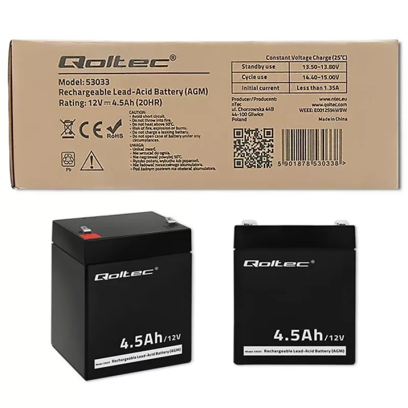 AGM akumulators Qoltec 53033 4,5 Ah 15 V 65,5 A motociklam