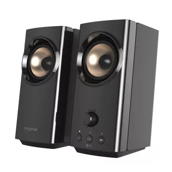 CREATIVE T60 2.0 kompakti Hi-Fi galda skaļruņi ar skaidru dialogu un apkārtējo skaņu, izmantojot Sound Blaster SmartComms komplektu, USB-C audio, mikrofona un austiņu portiem B