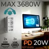 Strāvas sadalītājs MACLEAN MCE248 F/W — 3 maiņstrāvas kontaktligzdas (1×16A, 2×6A) + 4×USB (2×A, 2×C PD 20W), ES kontaktdakša, balts