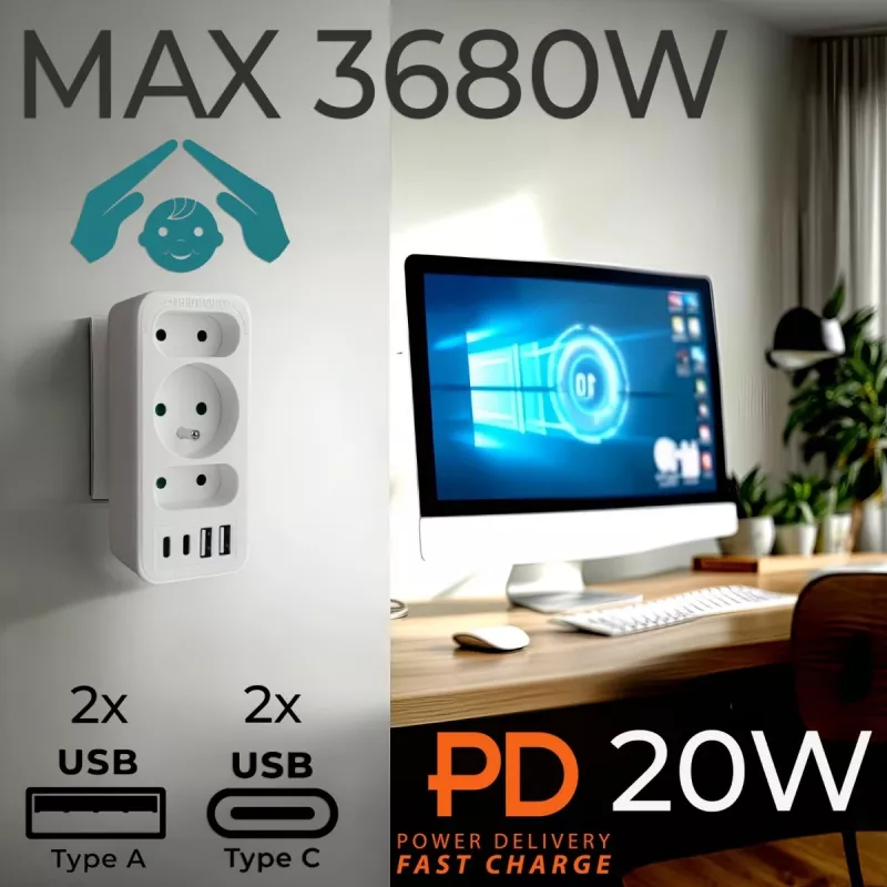 Strāvas sadalītājs MACLEAN MCE248 F/W — 3 maiņstrāvas kontaktligzdas (1×16A, 2×6A) + 4×USB (2×A, 2×C PD 20W), ES kontaktdakša, balts