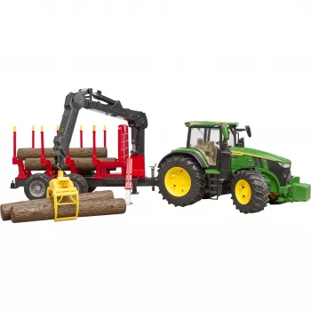 BRUDER John Deere 7R 350 ar mežsaimniecības piekabi un 4 stumbriem