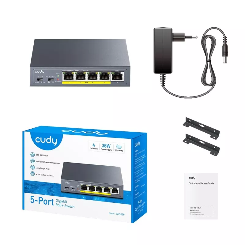 CUDY GS105P 5 portu Giga bit PoE+ slēdzis 36W